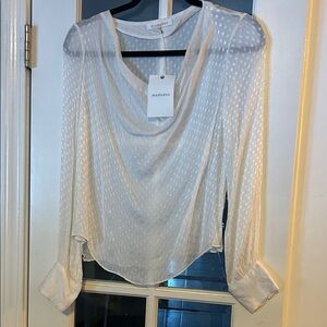 Mododoc Ivory Sheer Dotted Long-Sleeve Blouse Small Cowl Neck Elegant Boutique